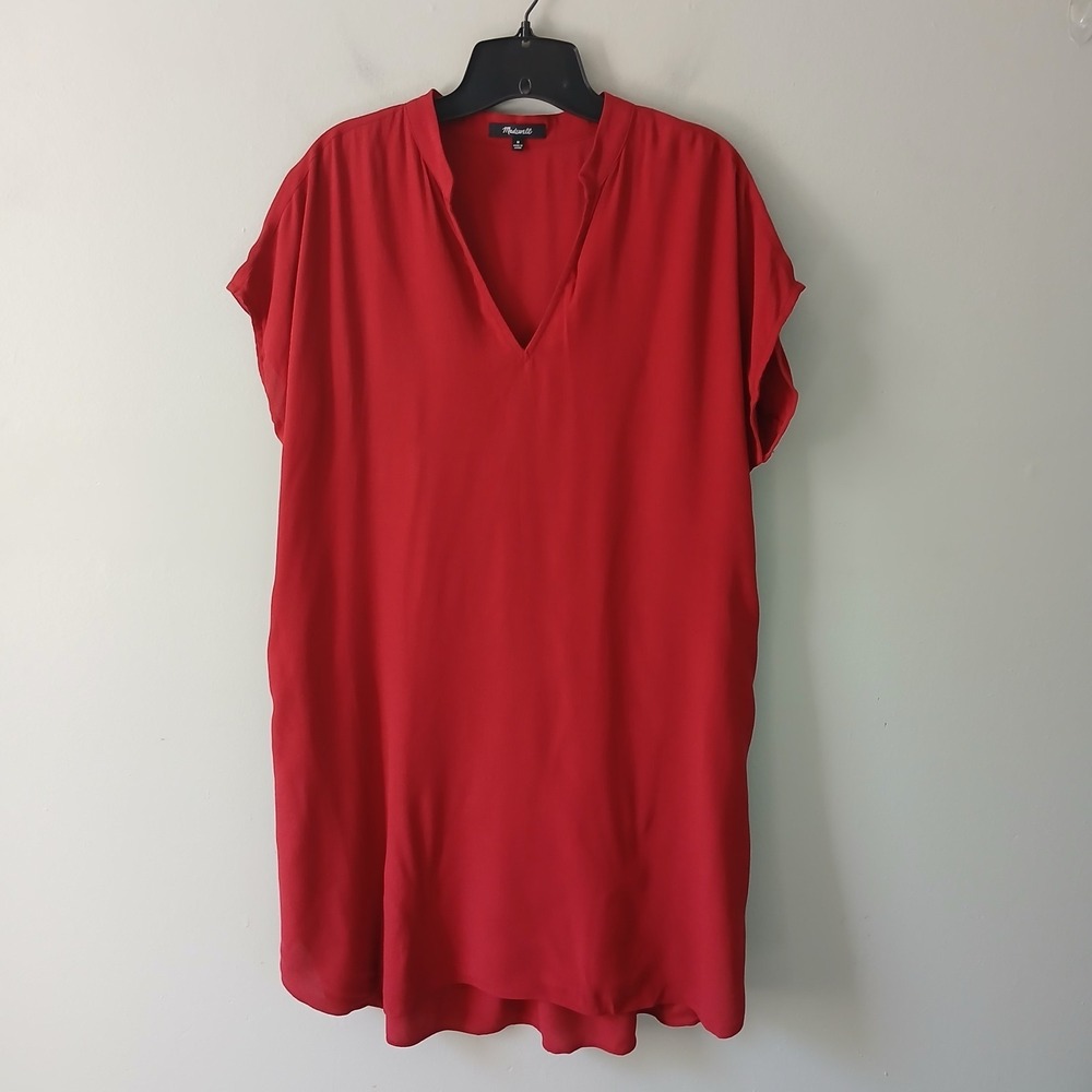 Madewell Women's Size Medium Red Bi-Coastal Tunic Mini Dress Cap Sleeve Pockets